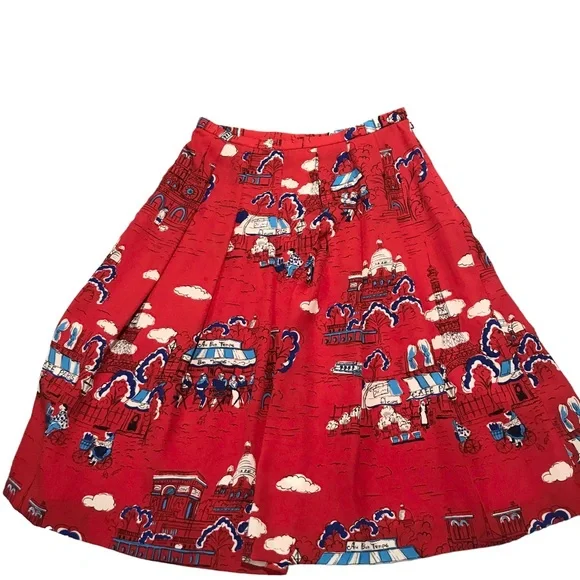 Unique Red Pendleton Print Pleated A-Line Skirt With Drawings of Paris Size 10 - Picture 2 of 14